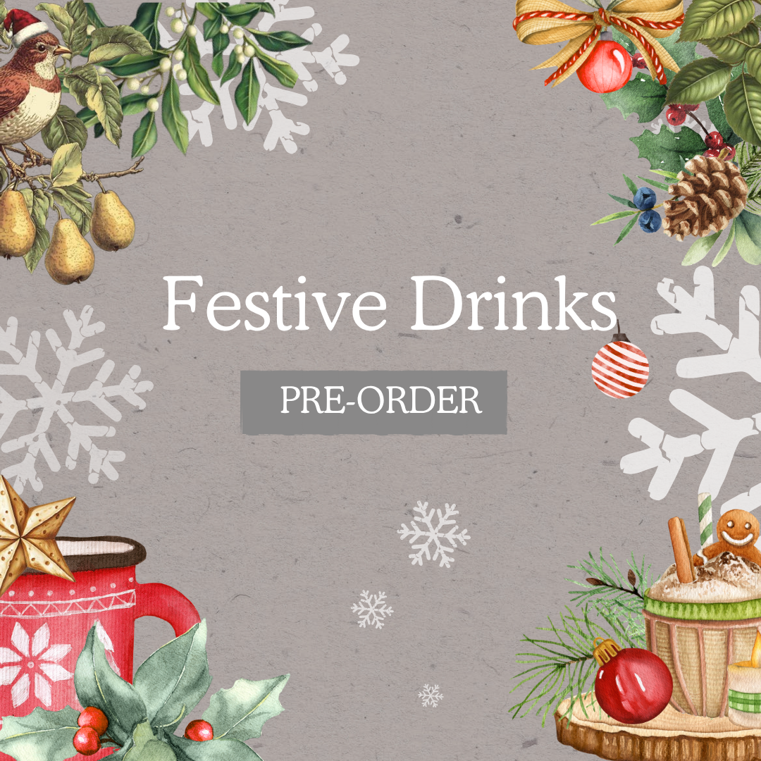 Promotional graphic for festive drinks with Christmas elements on a gray background.