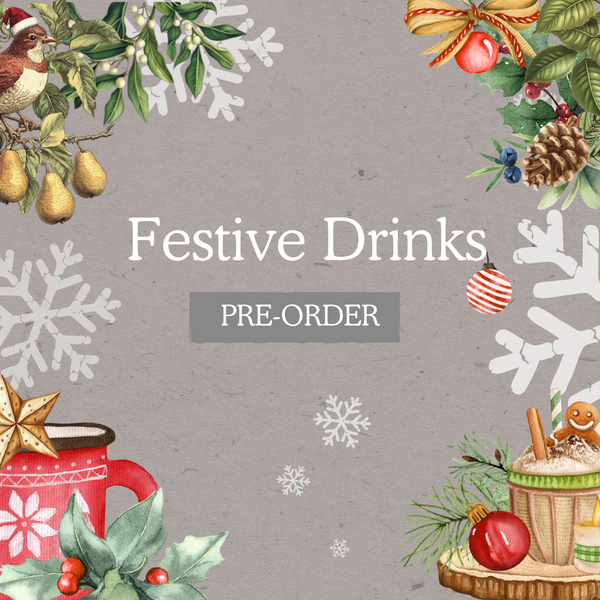 Promotional graphic for festive drinks with Christmas elements on a gray background.