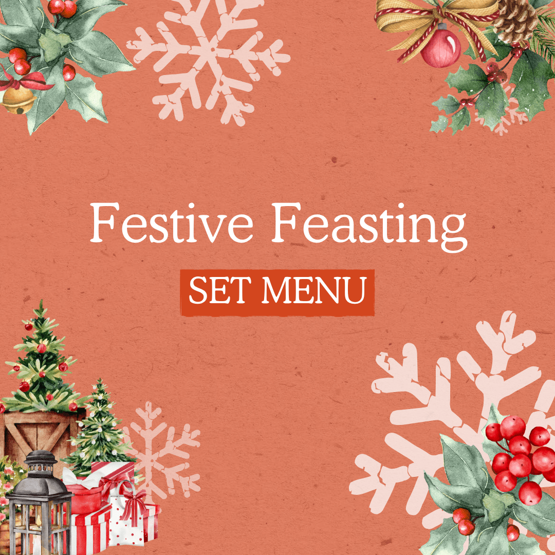 Festive menu cover with Christmas decorations and 'Festive Feasting Set Menu' text on a red background.