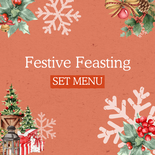 Festive menu cover with Christmas decorations and 'Festive Feasting Set Menu' text on a red background.