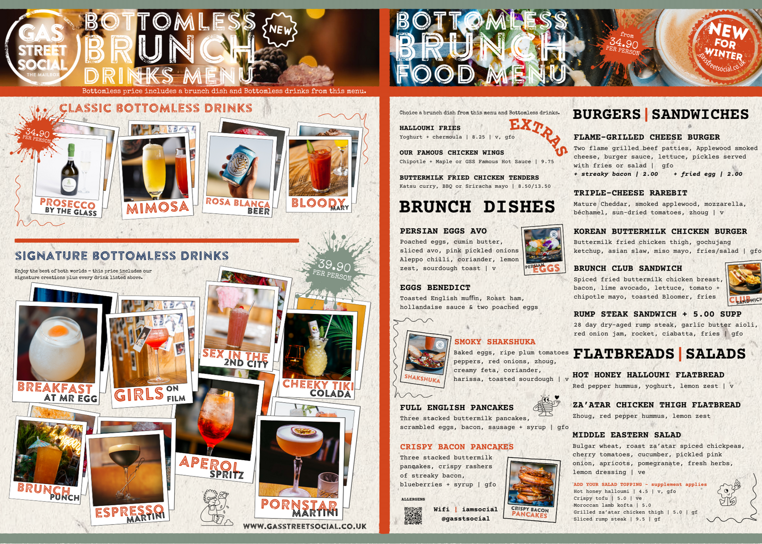 Menu for a bottomless brunch event with drinks and food options.
