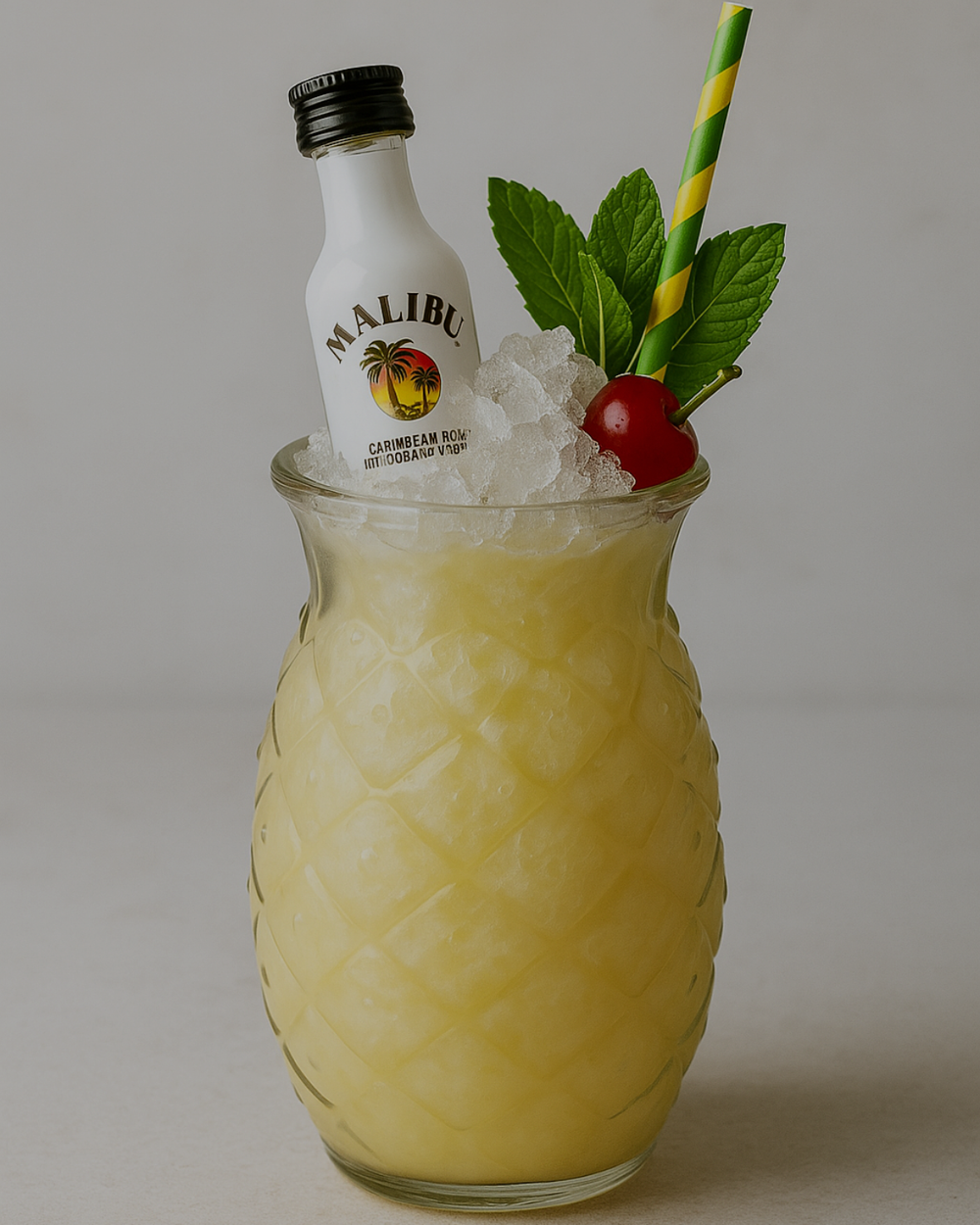 Cheeky Tiki Colada with crushed ice, mint, a cherry and a miniature Malibu bottle in a pineapple-shaped glass.