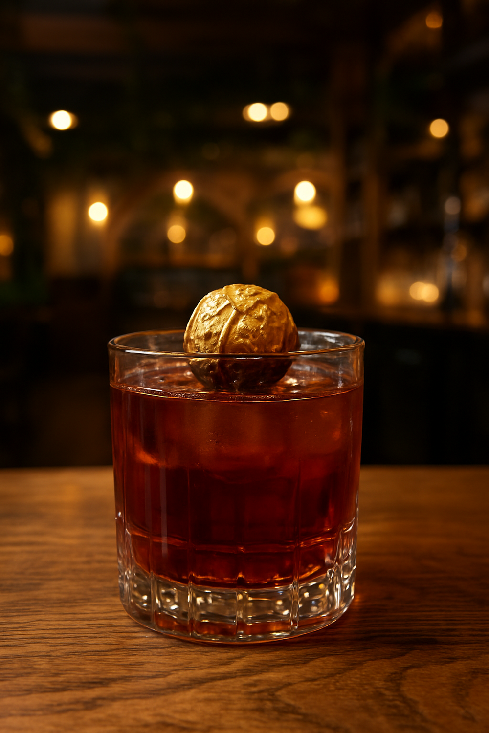 Festive red cocktail with gold Ferrero Rocher Chocolate at Gas Street Social