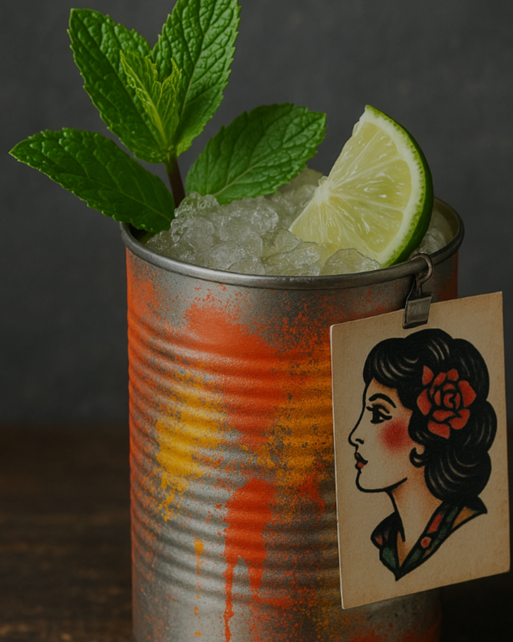 Fokawolf cocktail in a decorated metal tin with crushed ice, mint, a lime wedge and an illustrated tag.
