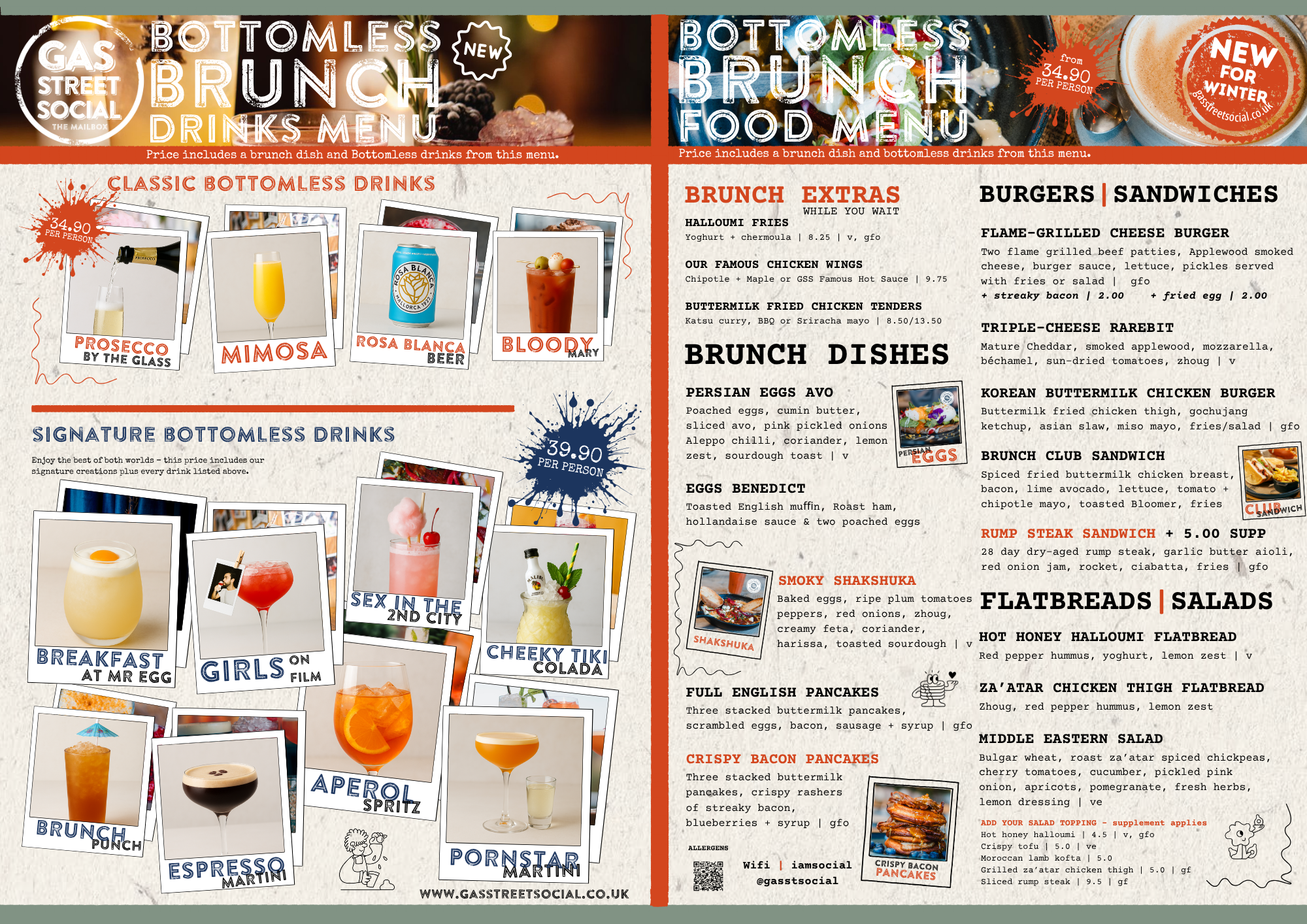 Menu with bottomless brunch drinks and food options on a colorful background