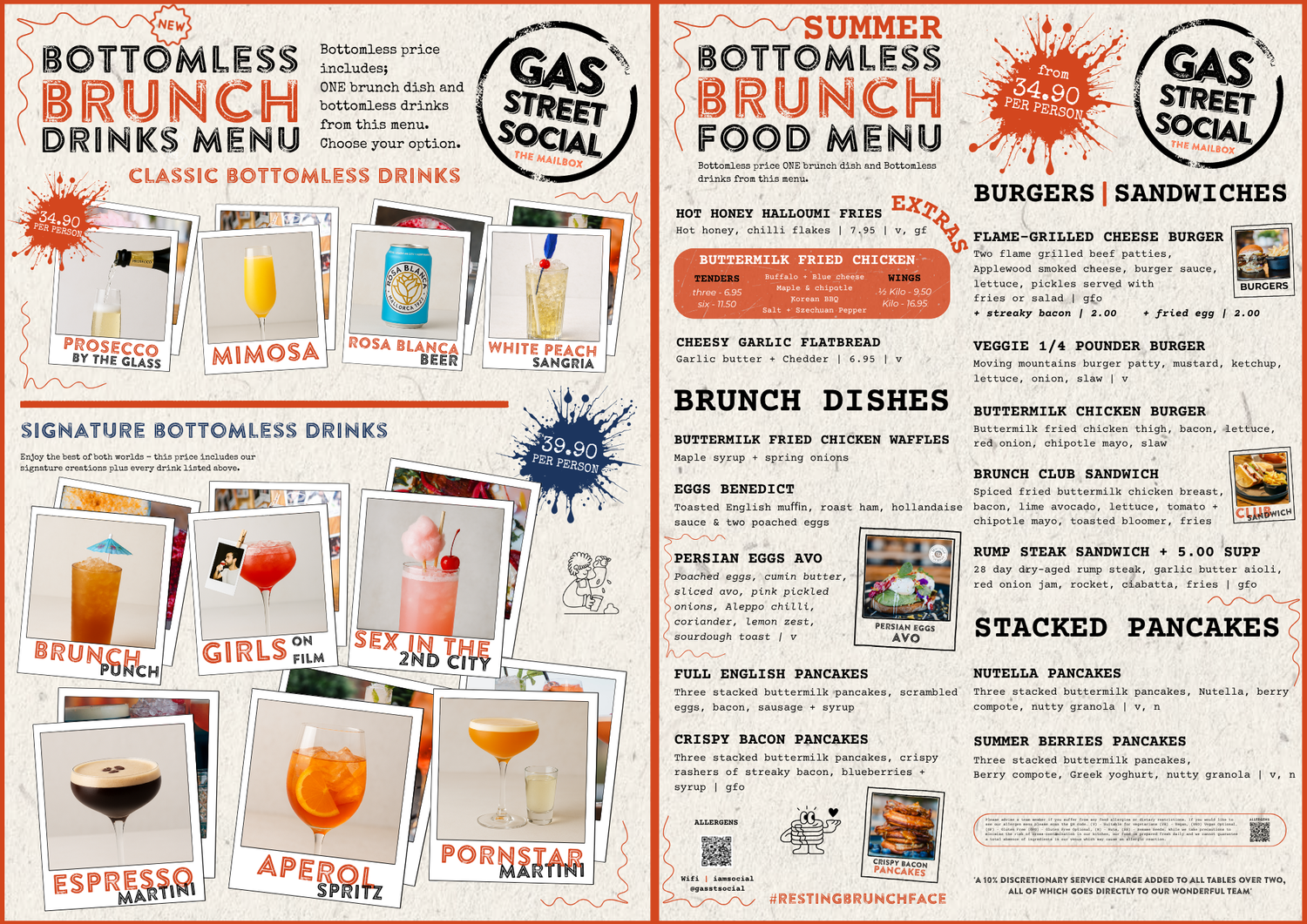 Menu for Gas Street Social featuring bottomless brunch drinks and food options.