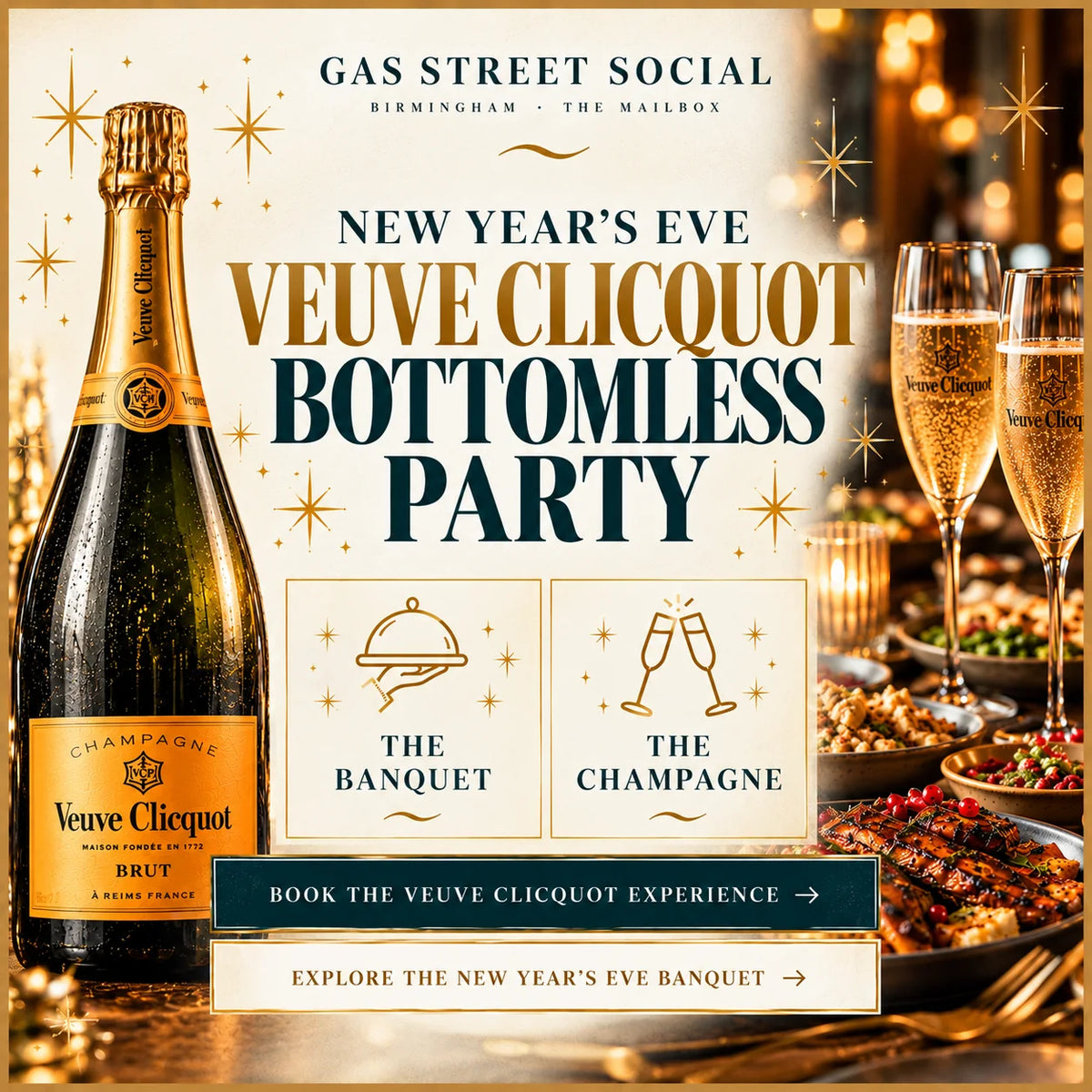 Gas Street Social New Year’s Eve Veuve Clicquot bottomless party with champagne, sharing banquet and booking offers in Birmingham
