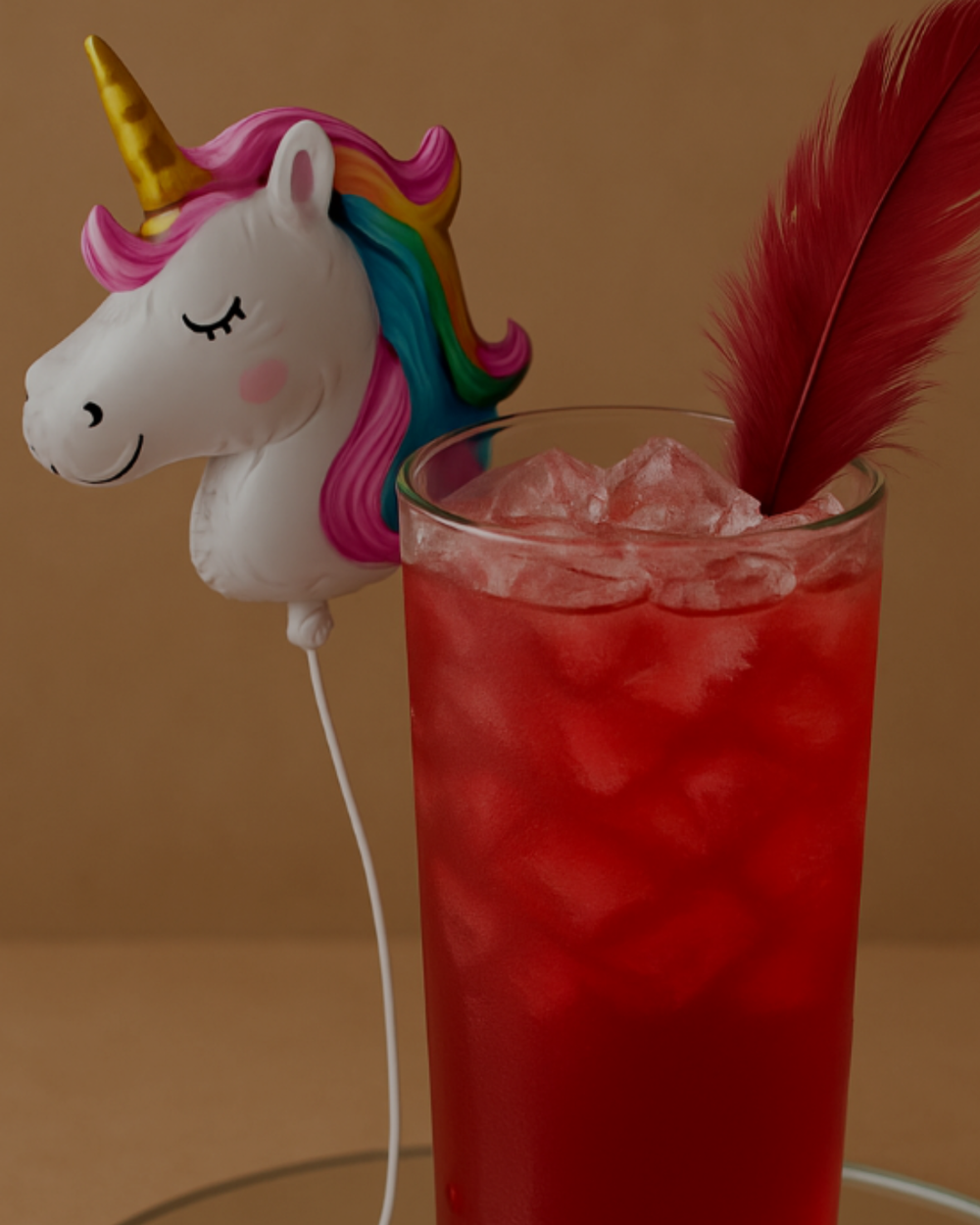 I Lychee Like That, a red cocktail over ice with a unicorn decoration and red feather.