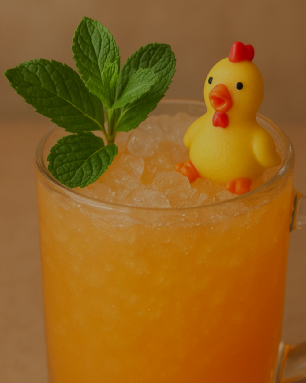 Man Goes Dub, an orange cocktail with crushed ice, mint and a yellow toy chicken.