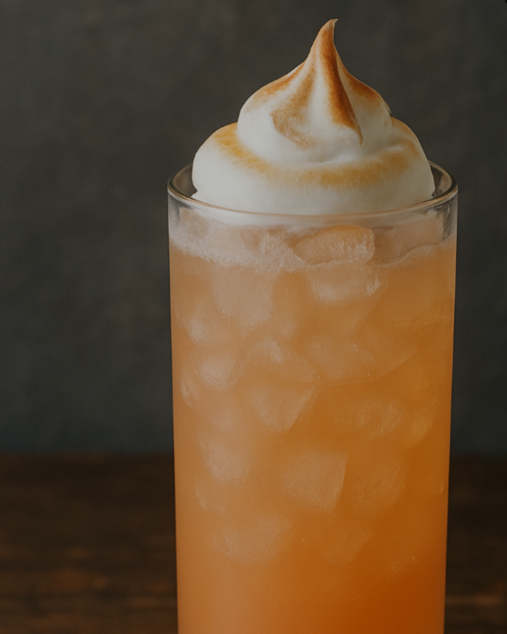 Peaches & Cream, a peach-coloured cocktail over ice topped with a toasted white swirl.