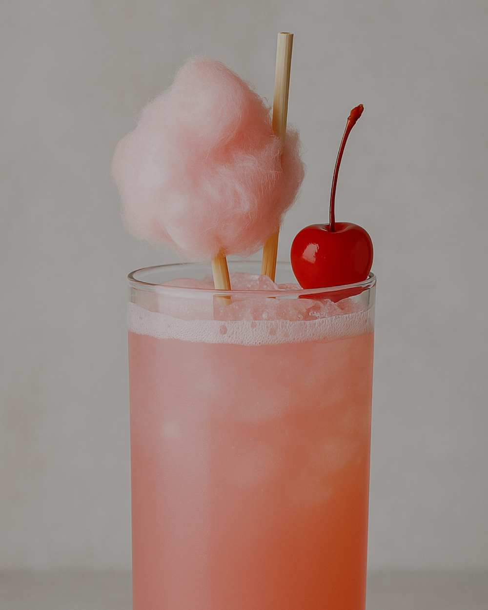 Sex in the Second City, a pink cocktail garnished with pink candyfloss and a cherry.