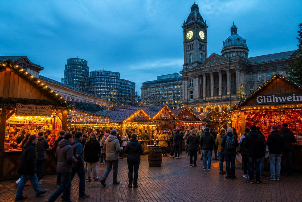 Birmingham Frankfurt Christmas Market in Victoria Square, with traditional German-style stalls and festive lights in the city centre.