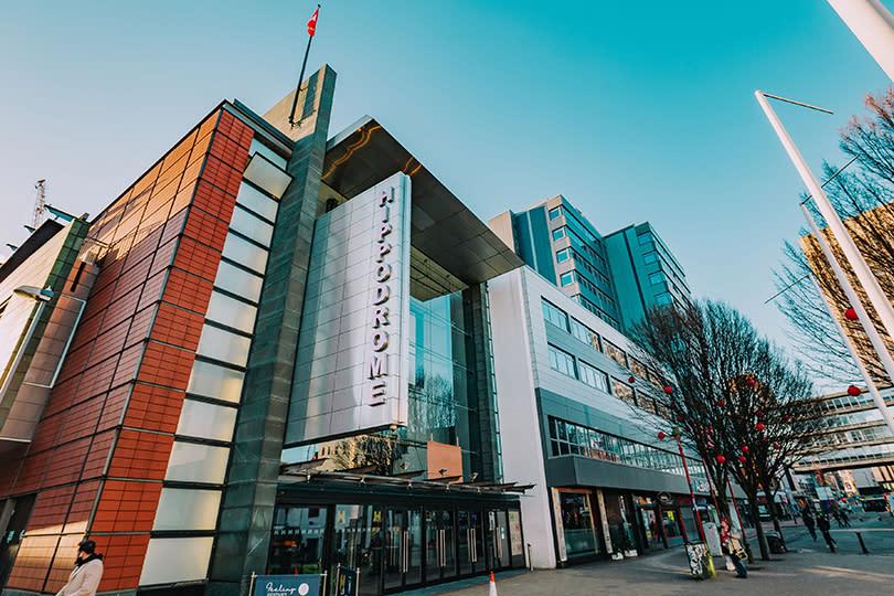 Exterior of Birmingham Hippodrome theatre in the city centre, a destination for theatre shows and live performances.