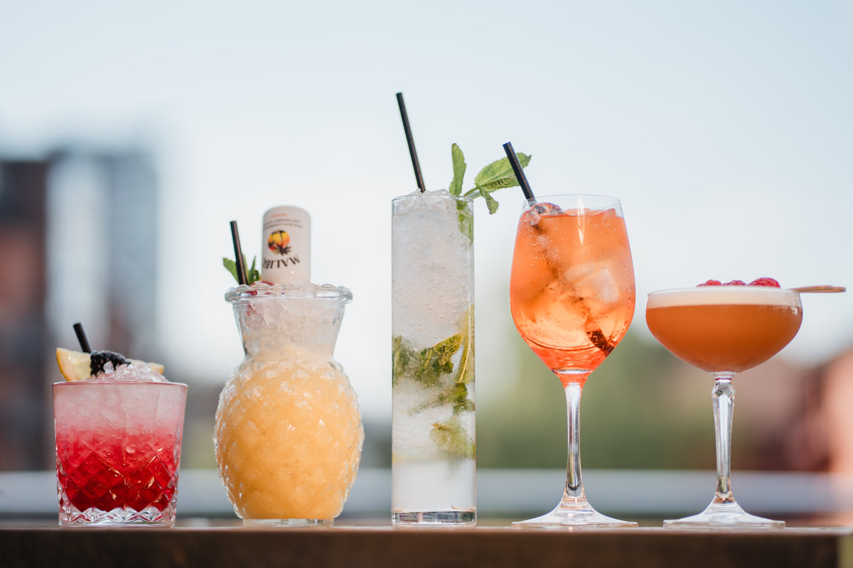 Colourful cocktails including a mojito, spritz and fruit garnished drinks at Gas Street Social Birmingham.