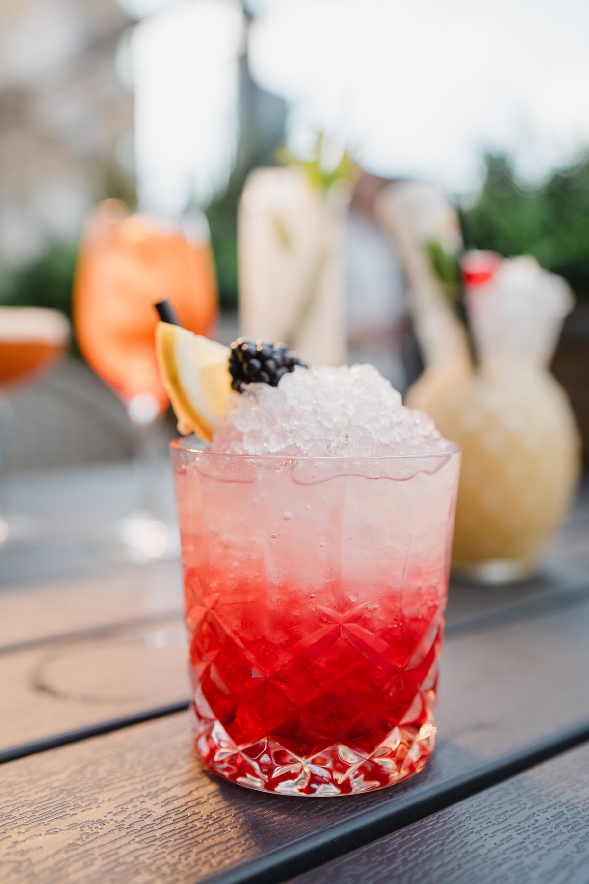 Freshly prepared Bramble cocktail with crushed ice and fresh fruit at Gas Street Social, a cocktail bar and restaurant in Birmingham.