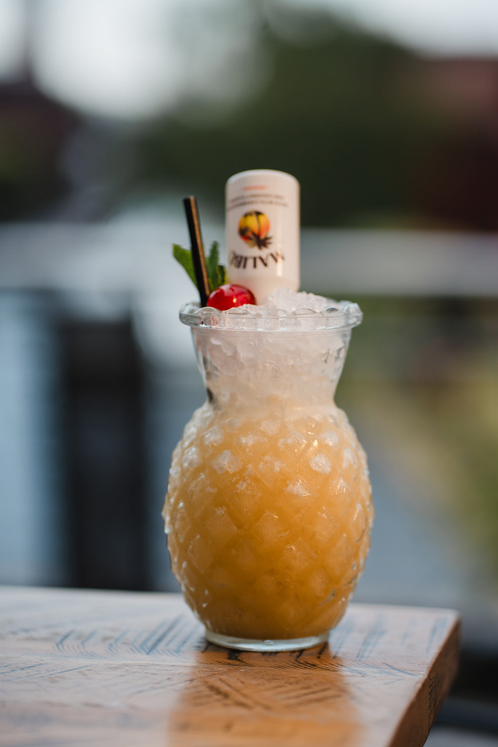 Freshly prepared Piña Colada cocktail served over crushed ice at Gas Street Social, a restaurant and cocktail bar in Birmingham.
