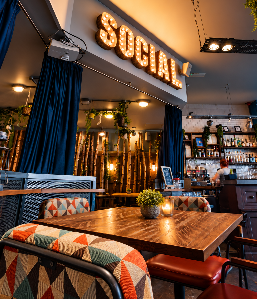 Restaurant interior at Gas Street Social in Birmingham, featuring communal wooden tables, colourful seating, atmospheric lighting and a welcoming space for group dining and celebrations.